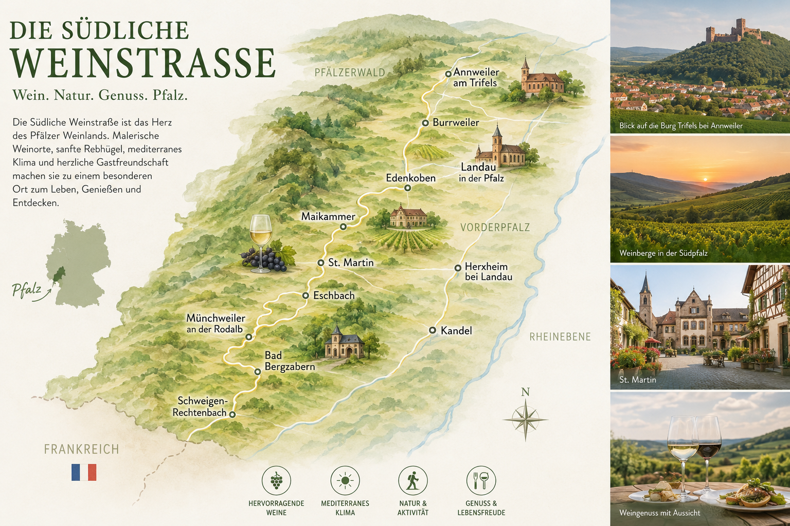 Karte der Südlichen Weinstraße mit Pfälzerwald, Landau, Herxheim, Kandel und weiteren Orten der Südpfalz